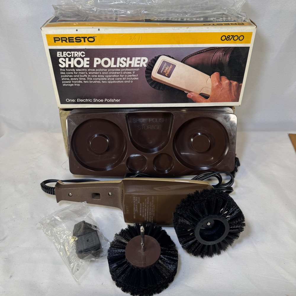 Vintage Presto Electric Shoe Polisher 08700 Brown Tan Corded Buffer Kit Boxed
